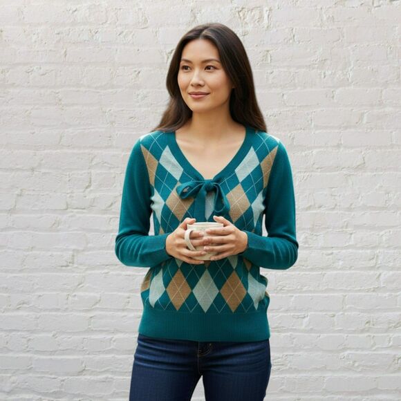 Talbots Sweater Size XS Argyle Merino Wool Teal Tie Neck Italian Preppy - Picture 1 of 16